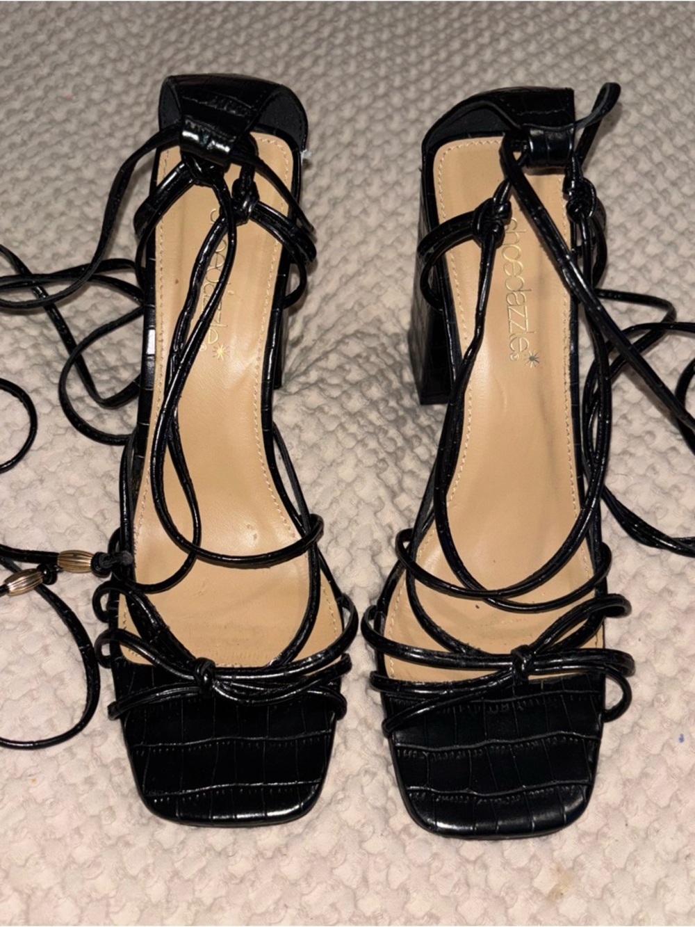 Shoe Dazzle Black Croc-Embossed Lace-Up Block Heels